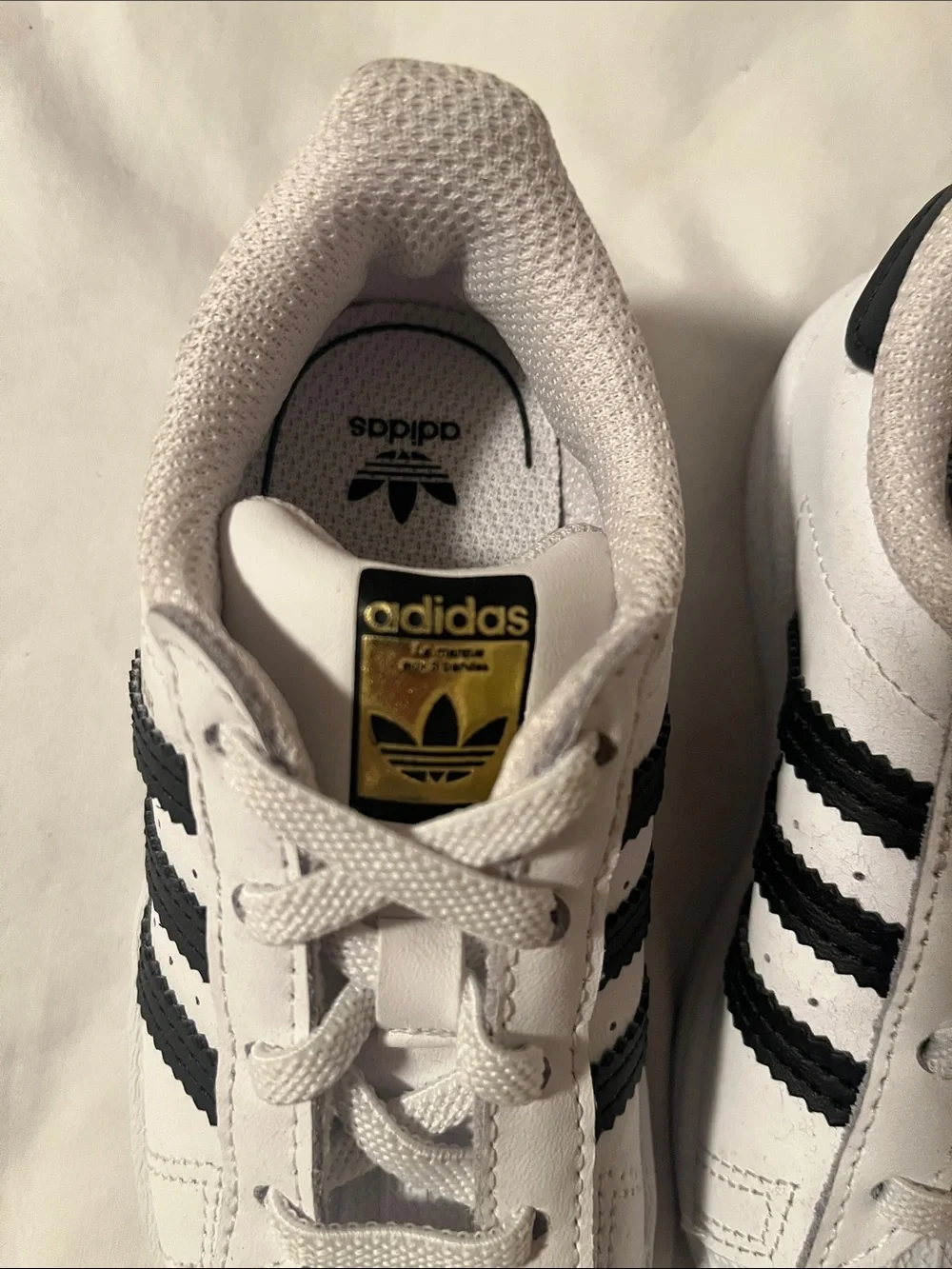 adidas Superstar Kids White & Black Shell Toe Sneakers with Gold Tongue Tab